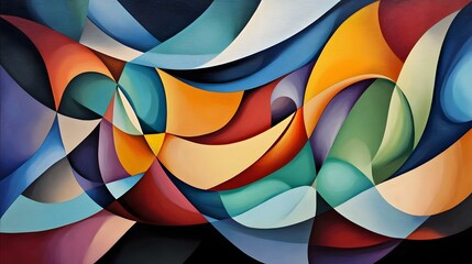 Fototapeta premium Smooth waves of color weaving through hard-edged angular shapes creating a strong contrast in the visual design