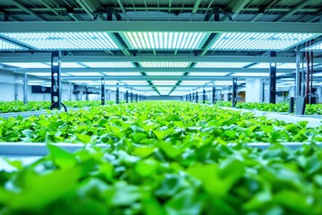Rows of leafy greens in a hydroponic farm under bright LED lights, modern and clean setup, showcasing innovative agriculture concepts indoors. Ai generative