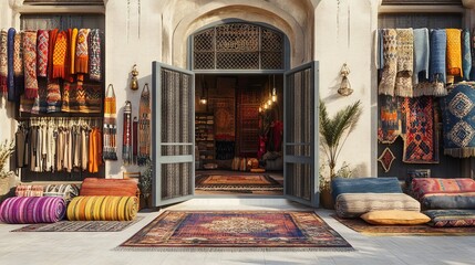Colorful Moroccan rugs and cushions displayed in a shop entrance. AI generated illustration