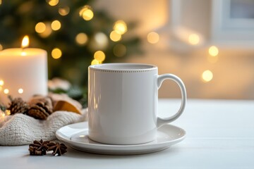 Cozy Christmas scene white mug on saucer near candle, pine cones, and warm lights.