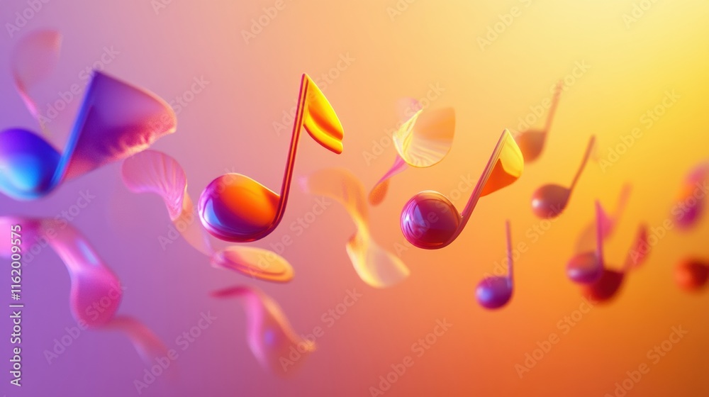 Aufkleber colorful 3d music notes floating against a vibrant abstract background at sunset. generative ai