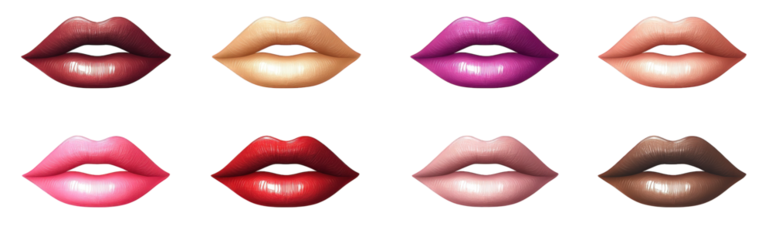 eight different colors of glossy lips the colors include brown. pink. red. nude. and purple