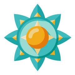 Teal Mandala Flower with Golden Center-Flat vector illustration of a mandala-inspired flower design with teal petals, geometric accents, and a radiant golden center, ideal for decor or art themes.
