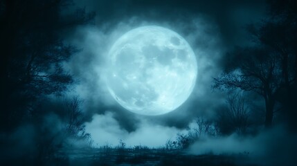 Enormous Moon Illuminates Foggy Forest Night
