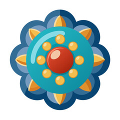 Fototapeta premium Blue Mandala Flower with Red Center-Vivid vector illustration of a mandala-style flower featuring a blue base, red center, and golden accents, ideal for decor or artistic themes. 