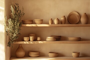 Handmade clay plates and vases displayed on shelves in a pottery studio. AI generated illustration