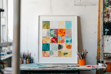Framed patchwork collage artwork displayed on a table and wall with painting tools. AI generated illustration