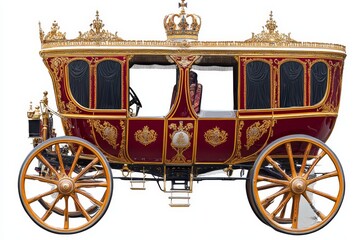 Ornate royal carriage with gold details and a crown on top.