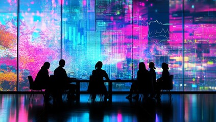 Silhouetted business team meeting against vibrant digital cityscape backdrop.