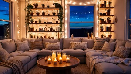 Video footage of cozy living room with a large sectional sofa, a round coffee table with lit candles, and shelves filled with plants and string lights - Powered by Adobe