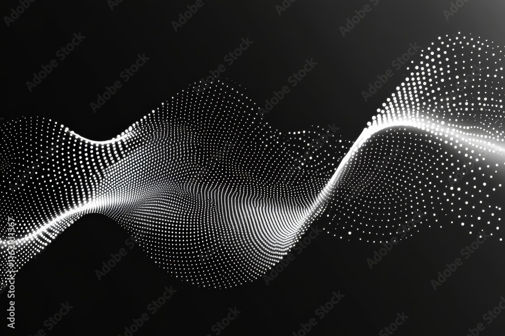 Poster abstract white particle wave flowing on dark background.