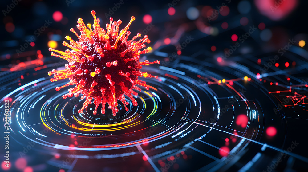 Poster 3D depiction of a virus surrounded by digital elements and colorful particles