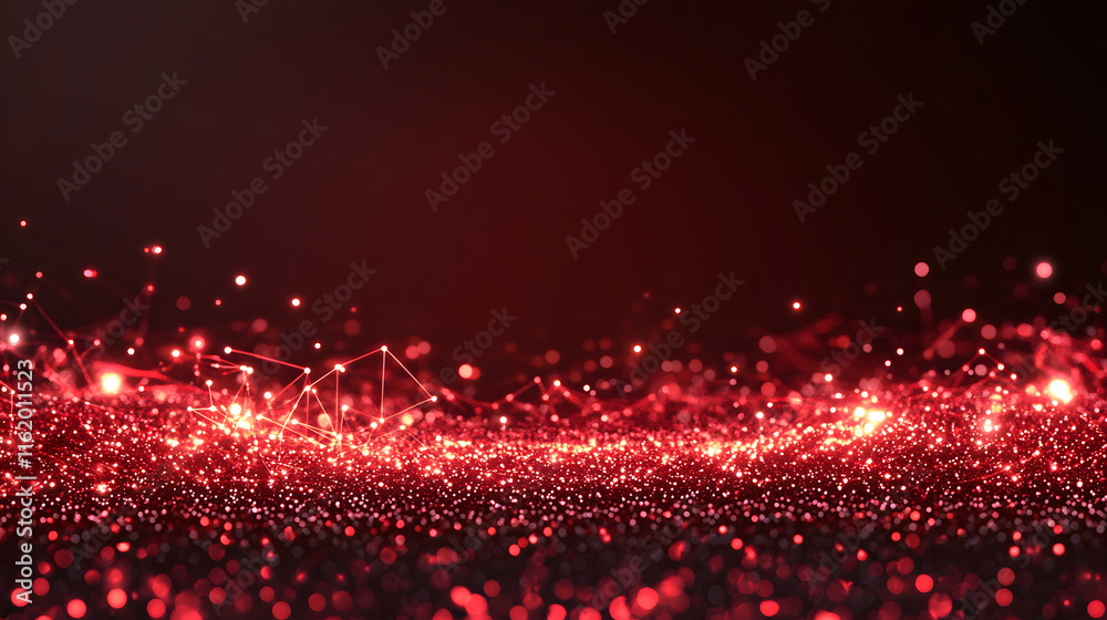 Poster Vibrant red particles creating a sparkling wave effect on a dark background