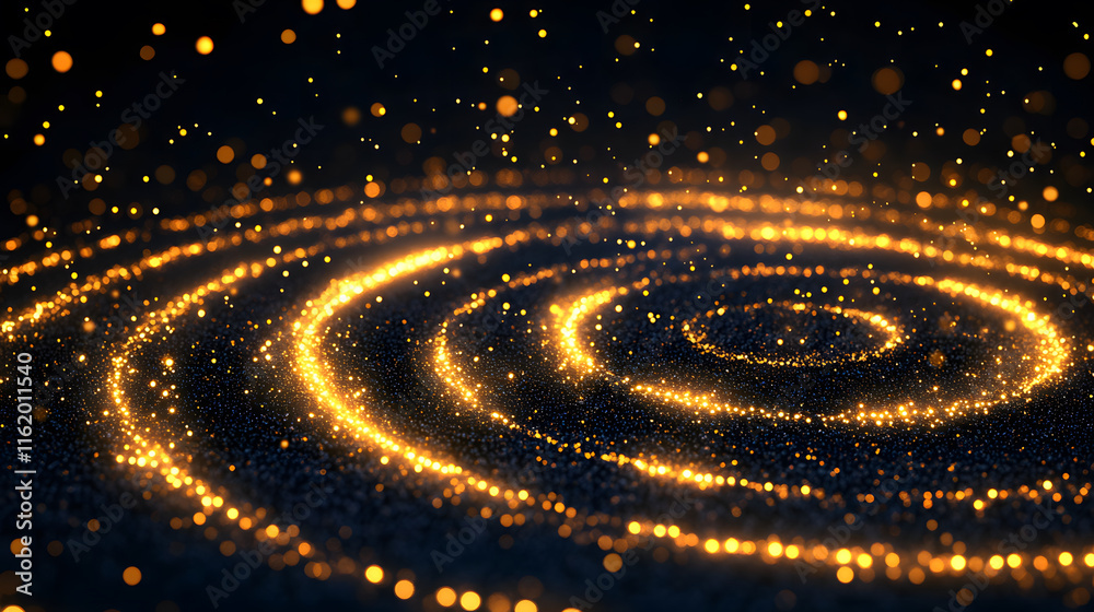 Poster Golden shimmering waves create a mesmerizing, abstract pattern on a dark background