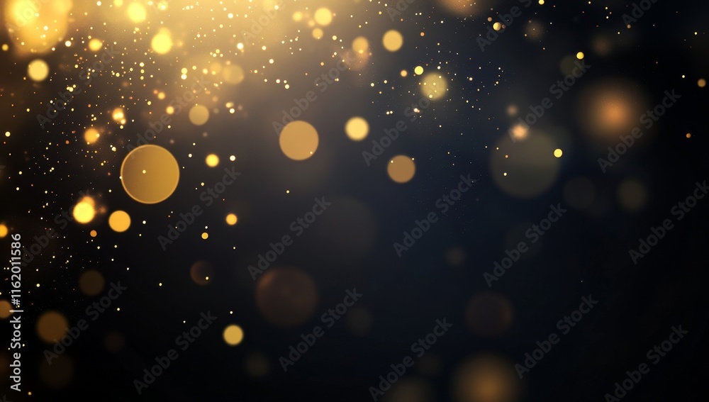 Poster Golden bokeh lights and sparkles on dark background.