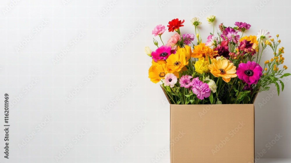 Poster freshly delivered vibrant flowers arranged in a cardboard box with ample mock up space for text. gen