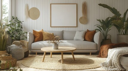 Cozy living room interior with a grey sofa, wooden coffee table, and natural decor.
