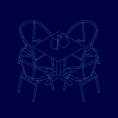 Blue drawing of a table with four chairs around it. The chairs are all different sizes and are arranged in a way that they are facing the table. The table is topped with a vase