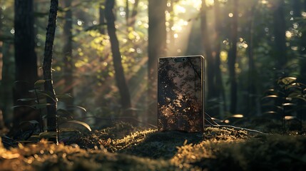 Obraz premium A portable charging cover with a nature-inspired design, placed on a serene forest background with sunlight filtering through trees.