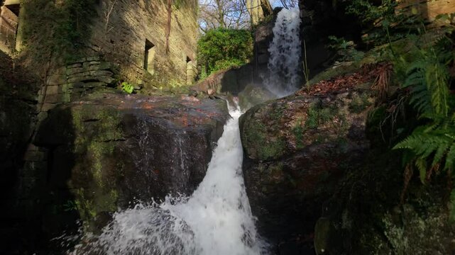 Drone view of Lumsdale falls streaming on rocks in a steep-sided wooded gorge in Derbyshire, England