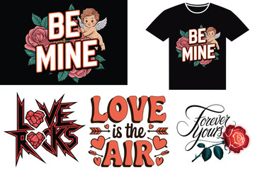 A romantic collection of t-shirt designs featuring Cupid, roses, hearts, and bold love-inspired phrases like 