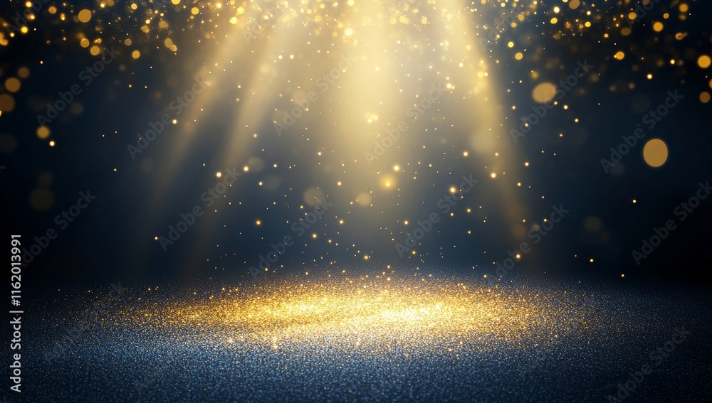 Poster golden glitter sparkles on dark background with spotlight.