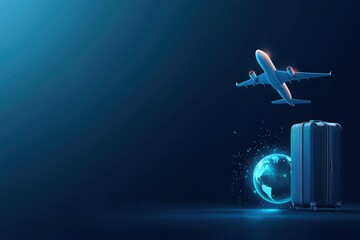 Airplane taking off over a suitcase and glowing globe airport digital art nighttime aerial view travel concept