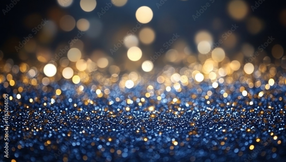 Poster sparkling glitter background with gold and blue bokeh lights.