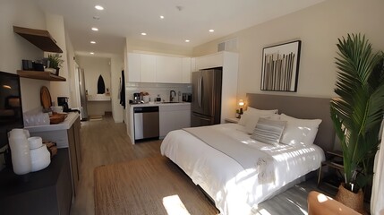 Fototapeta premium Modern Studio Apartment with King-Size Bed and Kitchenette