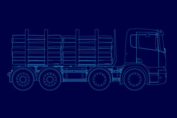 Blue truck with a cab and a stripe on the side. The truck is a large semi truck with a trailer attached