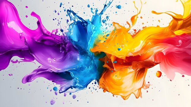 Bright splashes of color meeting at the center creating a burst of abstract shapes and fluid lines
