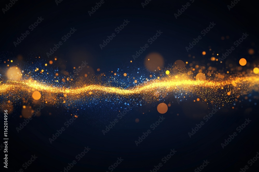 Poster abstract golden wave of particles on dark background.