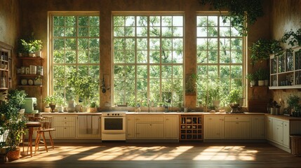 Sunlit kitchen with large windows and plants.