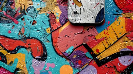 Naklejka premium Żywa obudowa telefonu komórkowego z abstrakcyjną grafiką, prezentowana na tle kolorowych ulicznych graffiti i miejskiego klimatu.