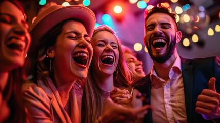 happy business people, singing and laughing during a karaoke night, vibrant and dynamic, natural lighting, joyful mood,