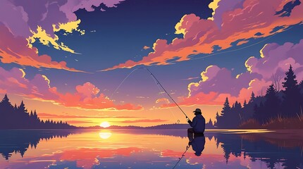 A serene fishing scene at sunset, featuring a silhouette of a fisherman by a calm lake surrounded by a picturesque forest and vibrant clouds, capturing tranquility, nature's beauty, and a peaceful out