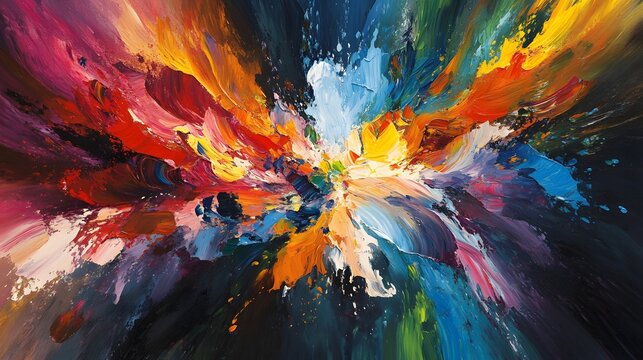 Colorful paint splashes colliding in the center creating fluid designs of vibrant and contrasting hues