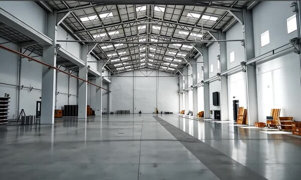 A large, empty warehouse with a lot of empty boxes