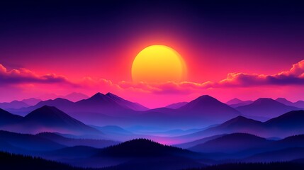 Obraz premium Vibrant Sunset Over Silhouetted Mountain Ranges
