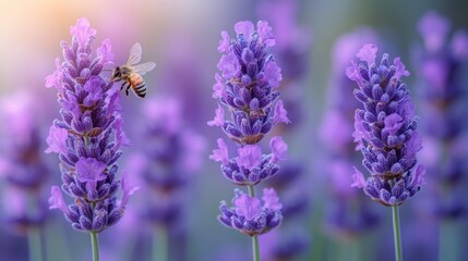 Fototapeta premium Honeybee pollinating lavender flowers in a field.