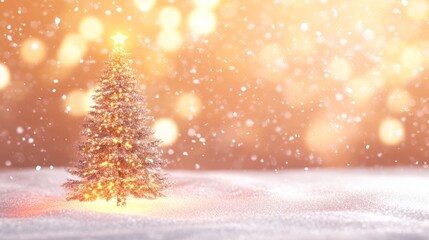 winter scene with a glowing Christmas tree, sparkling snow, and plenty of empty space for banner