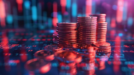 Stacks of coins on a financial chart.