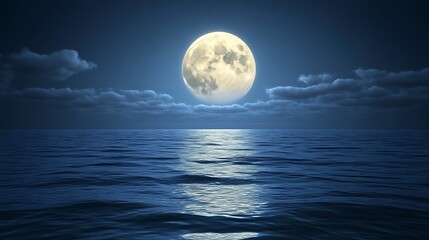 Full Moon Over Calm Ocean Night Sky Cloudscape