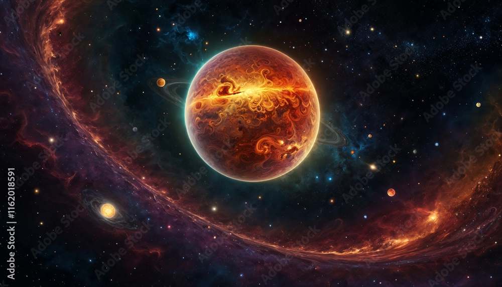 Wall mural abstract of a planet in space, featuring swirling colors and dynamic shapes that convey a sense of c