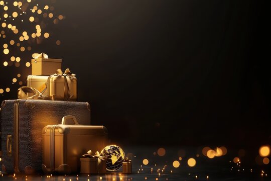 Luxury suitcases and gifts glowing elegantly in a dark scene travel inspiration lifestyle photography sophisticated ambiance