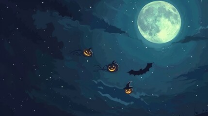 Three jack-o'-lanterns fly across a night sky with a full moon and bat.