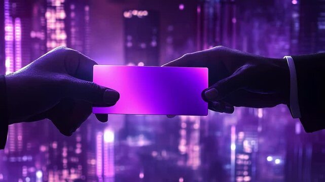 Two hands exchanging a purple card in a neon-lit urban setting.