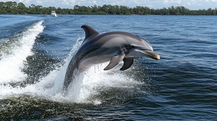 Obraz premium A bottlenose dolphin leaping out of the water near a boat.