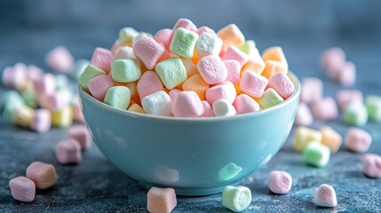 A bowl of colorful marshmallow lucky charms breakfast cereal, spilling out on a table.