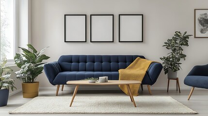 Modern living room interior with blue sofa, plants, and wooden coffee table.